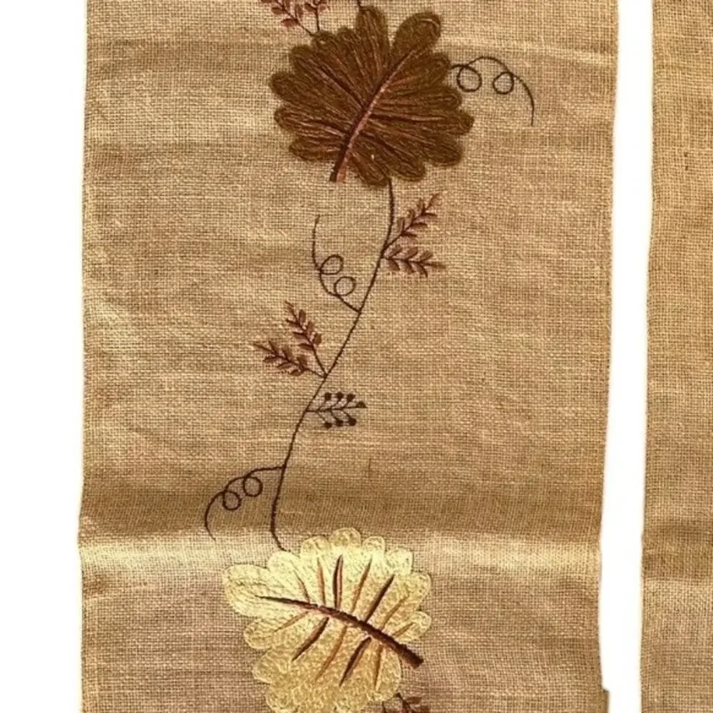 Embroidered Fall Harvest Leaves Burlap Table Runner 72